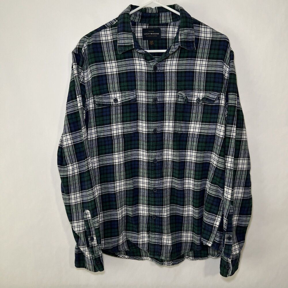 Lucky Brand Button Up Flannel Shirt Mens Size Large Green Blue Plaid Long Sleeve
